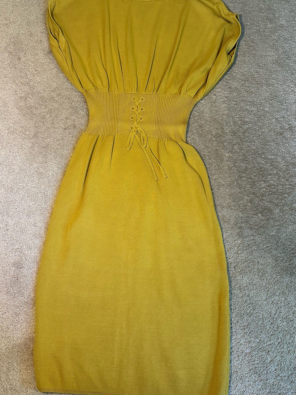 New York & Company Mustard Knit Midi Dress with Lace-Up Waist